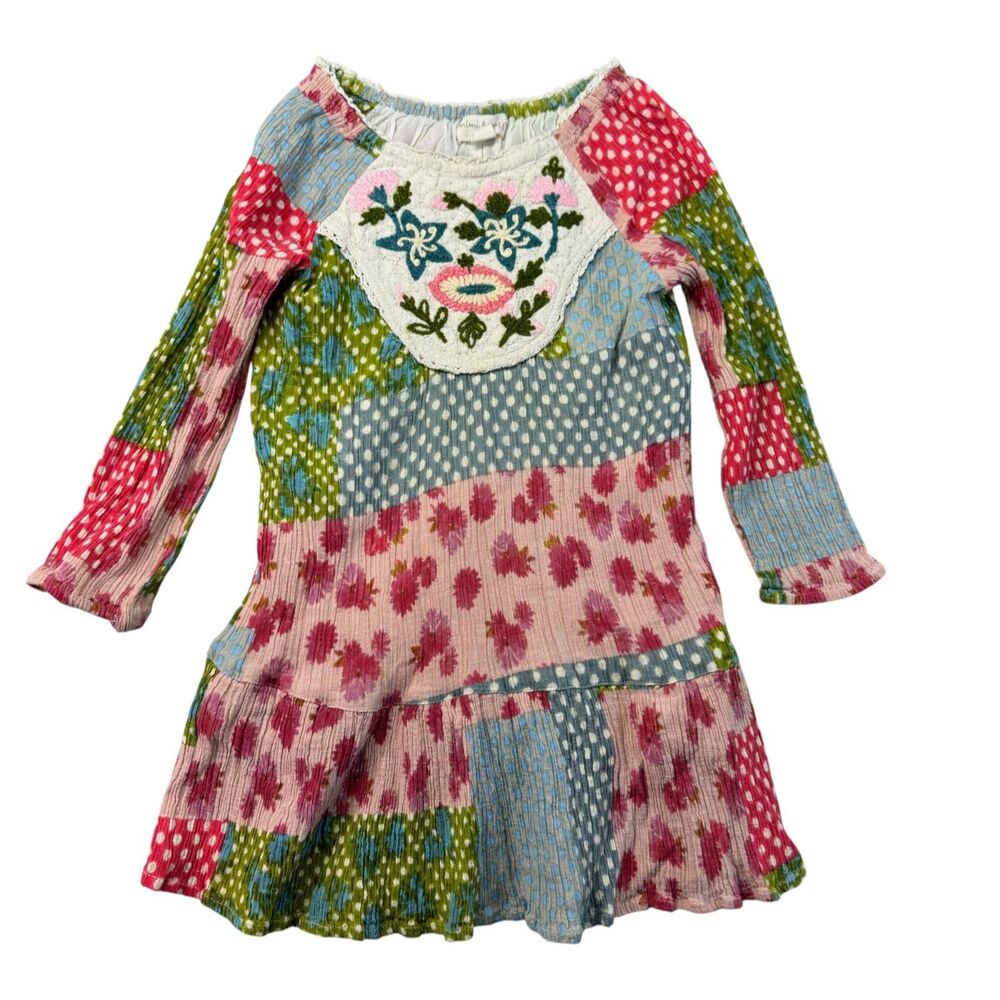 Mimi Maggie Dress Girls 4 Colorful Patchwork Embroidered Lined Boho Long Sleeve
